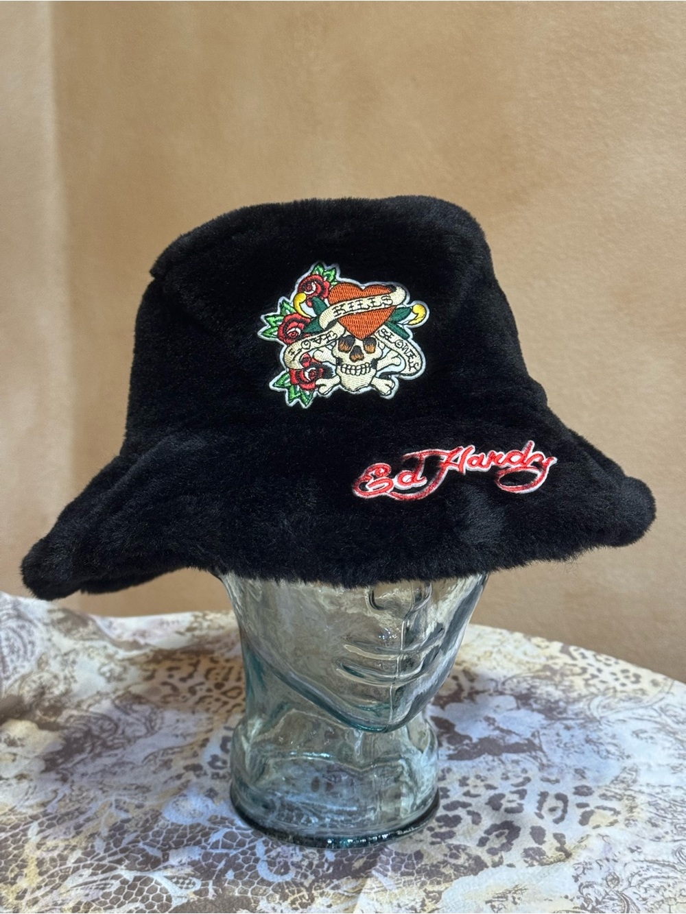 Ed Hardy  "Love Kills Slowly" Black Faux-Fur Bucket Hat